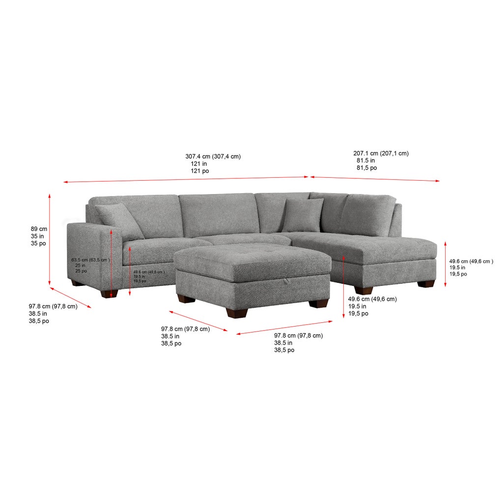 Thomasville Miles 3-Piece Fabric Sectional — Reference measurement diagram