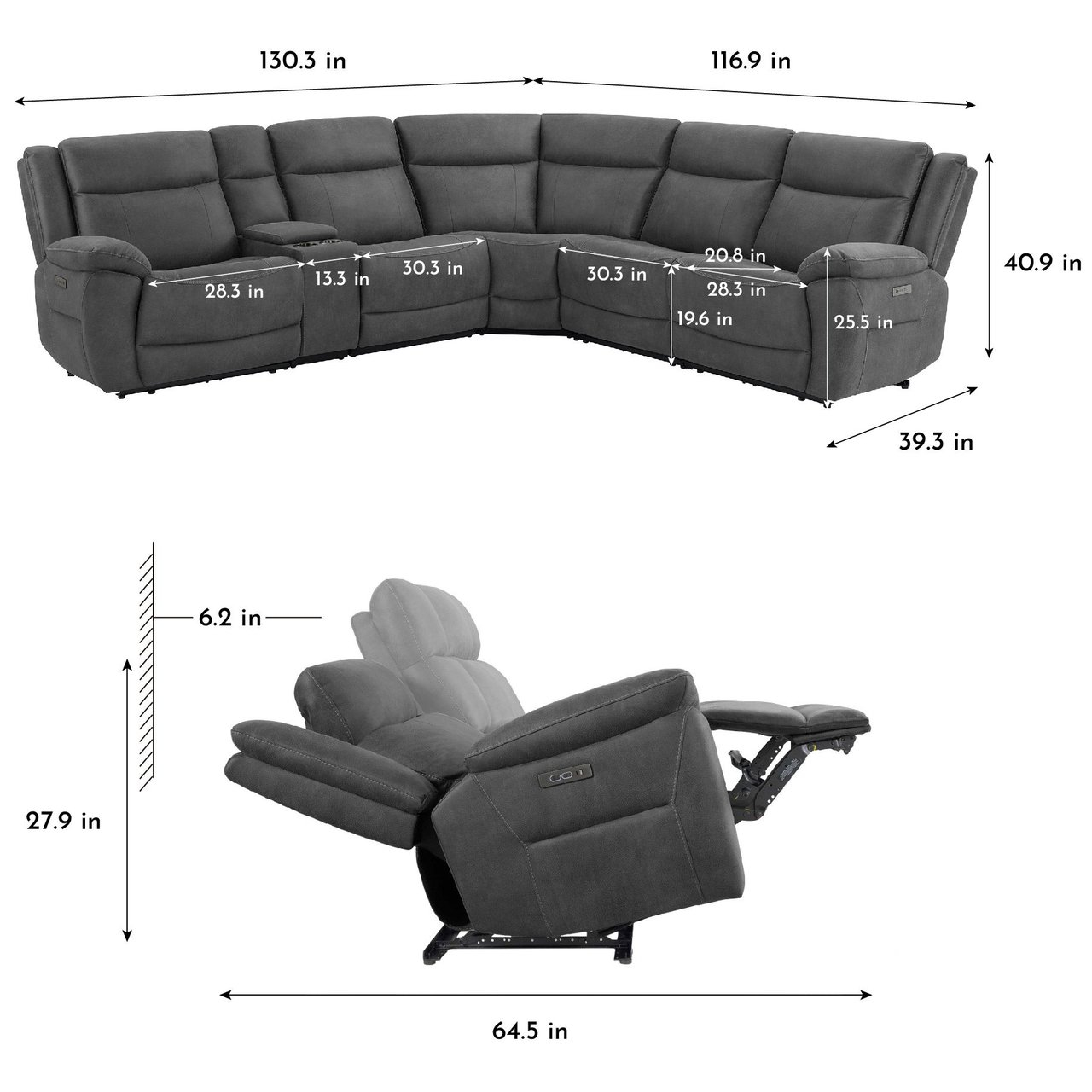 Gilman Creek Zakary Fabric Power Sectional — Reference measurement diagram