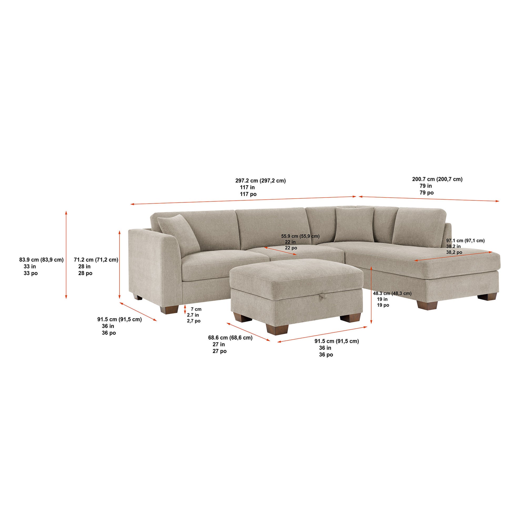 Thomasville Walsen 3-Piece Sectional with Storage Ottoman — Reference measurement diagram